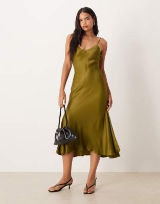 Asos Design V Neck Cami Satin Slip Maxi Dress In Green