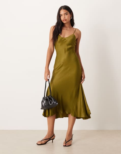 ASOS DESIGN v neck cami satin slip maxi dress in olive - view 1