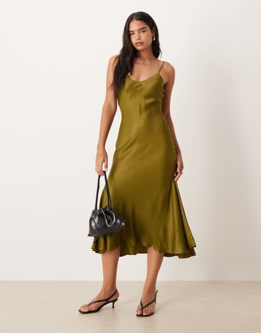 ASOS DESIGN v-neck cami satin slip maxi dress in olive