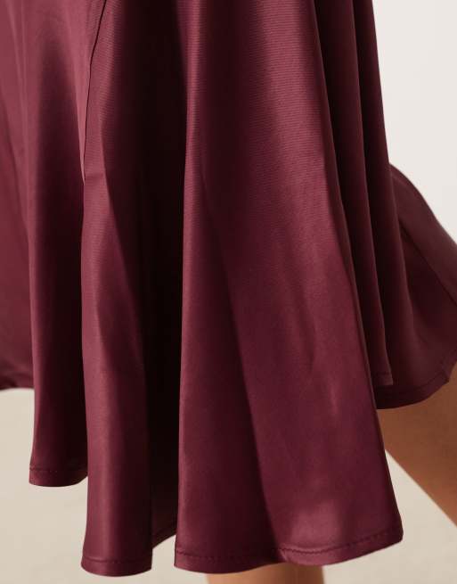 ASOS DESIGN v neck cami satin slip midi dress in burgundy, 3 of 4