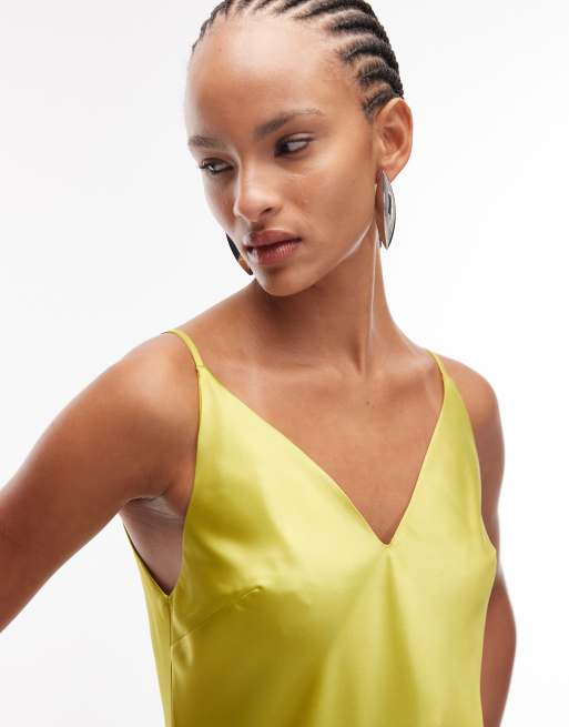 ASOS DESIGN v neck cami satin slip midi dress in chartreuse, 2 of 4