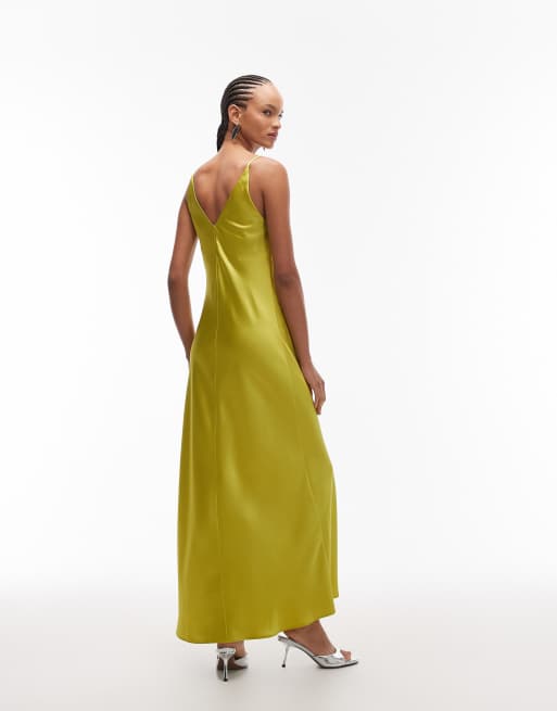 ASOS DESIGN v neck cami satin slip midi dress in chartreuse, 4 of 4