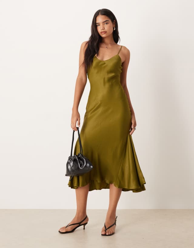 ASOS DESIGN v neck cami satin slip midi dress in olive