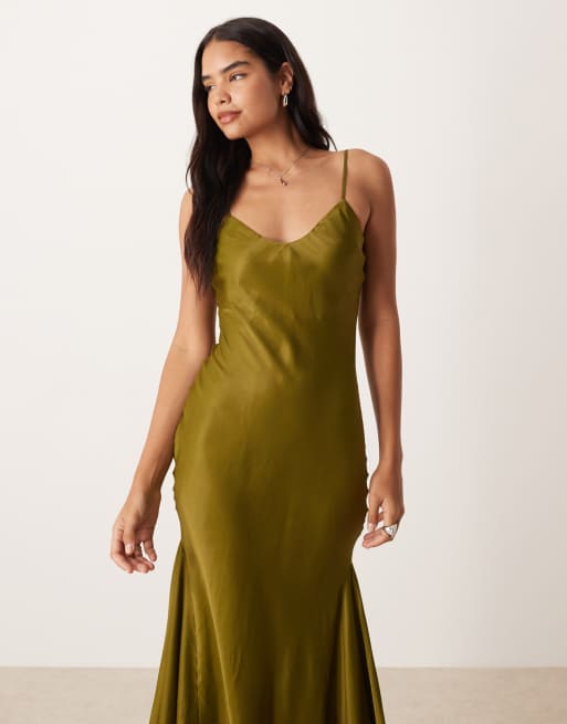 ASOS DESIGN v-neck cami satin slip midi dress in olive, 3 of 4