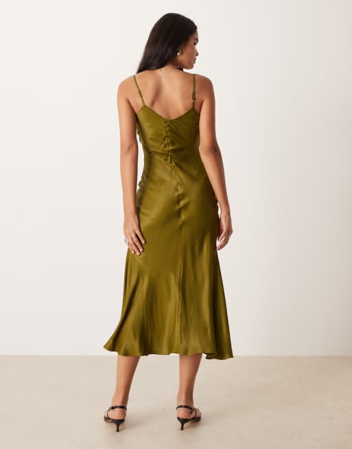 ASOS DESIGN v-neck cami satin slip midi dress in olive, 4 of 4