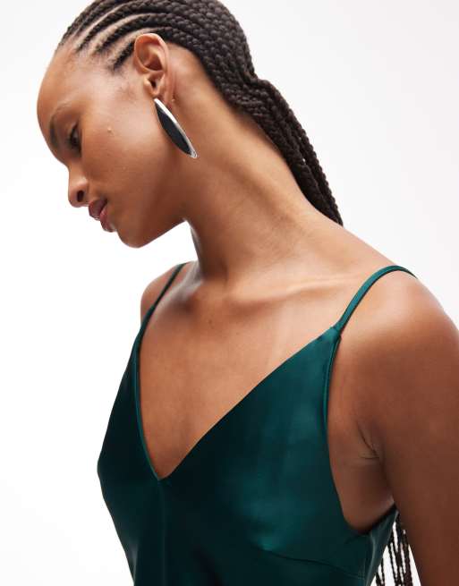 ASOS DESIGN v neck cami satin slip midi dress in teal, 2 of 4