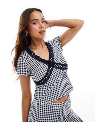 Asos Design V Neck Cap Sleeve Top With Lace Trim In Gingham - Part Of A Set-multi