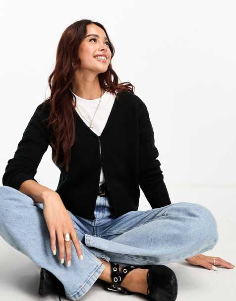 ASOS DESIGN v neck cardigan in fluffy yarn in black