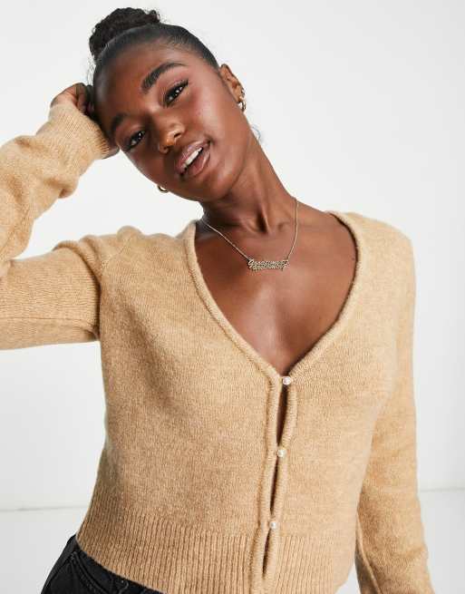 ASOS DESIGN V neck cardigan in fluffy yarn with faux pearl buttons in camel ASOS