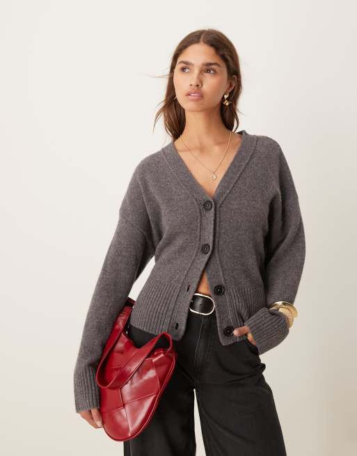 ASOS DESIGN v neck cardigan in lambswool blend in gray