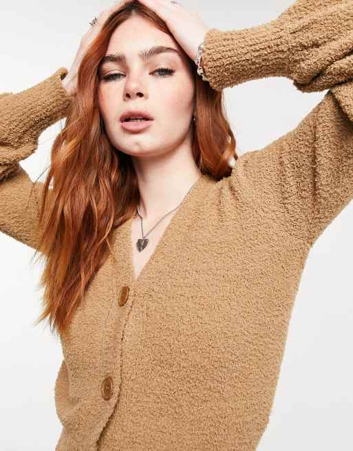 ASOS DESIGN v neck cardigan in textured boucle yarn in camel - part of a set