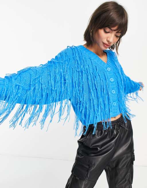 ASOS DESIGN V-neck cardigan with all-over tassels in blue | ASOS