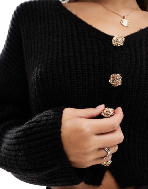 ASOS DESIGN v neck cardigan with gold buttons in black | ASOS