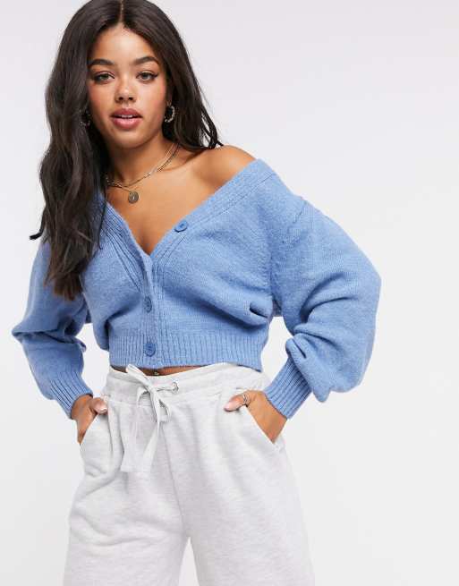 ASOS DESIGN v neck cardigan with puff sleeve in blue | ASOS