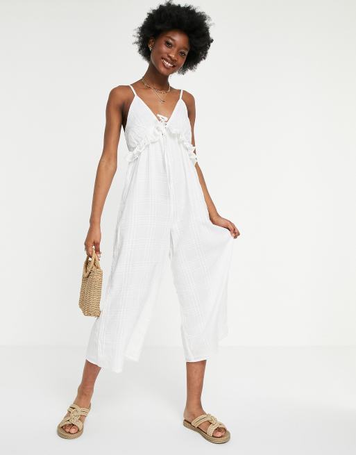 ASOS DESIGN v neck check frill tie culotte jumpsuit in white