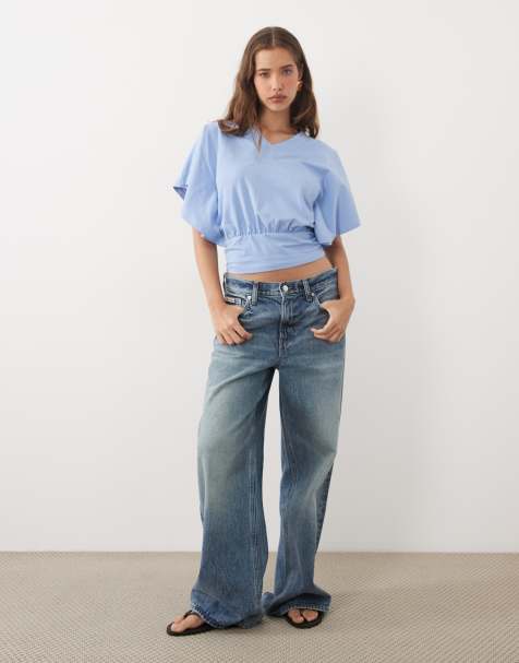 ASOS DESIGN 'V' neck cinch waist top in light blue - view 1