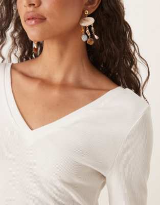 Asos Design V Neck Cinched Mini Rib Knit Long Sleeve Top In White