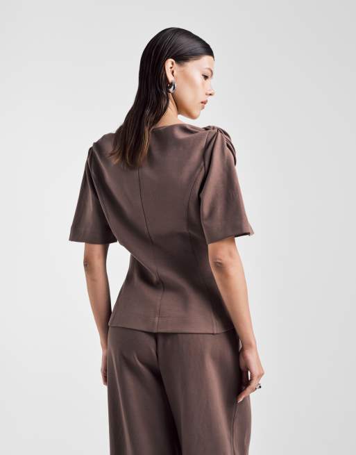 ASOS DESIGN V neck co-ord twist shoulder detail tee in chocolate, 4 of 4