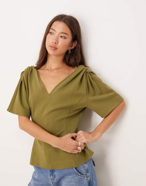 ASOS DESIGN V neck co-ord twist shoulder detail tee in khaki - view 1