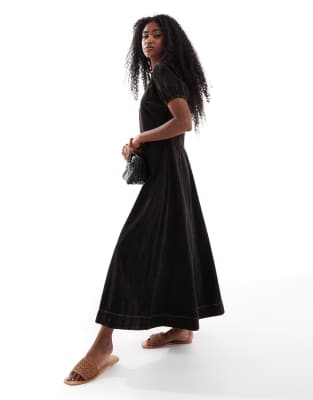 Asos Design V Neck Collar Twill Maxi Dress With Puff Sleeves In Black