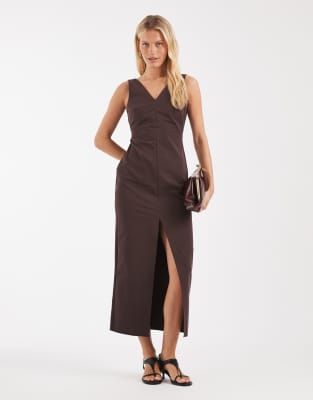 Asos Design V-neck Column Midaxi Dress With Double Slit In Brown