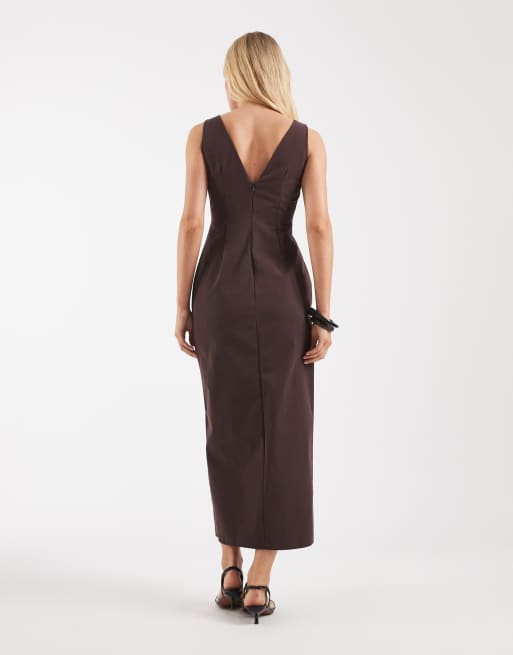 ASOS DESIGN V-neck column midi dress with double split in brown, 4 of 4