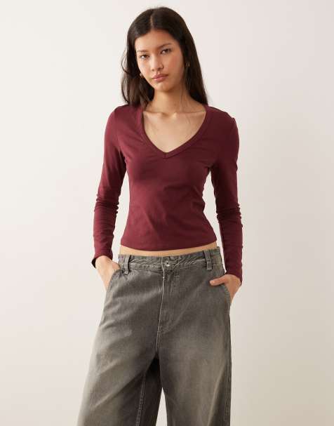 ASOS DESIGN v neck cotton long sleeve top in burgundy - view 1