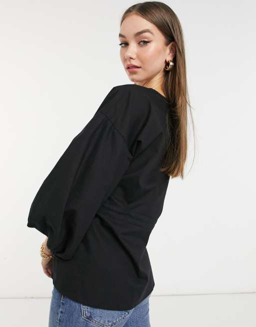 ASOS DESIGN v neck cotton top with tie waist in black, 2 of 4