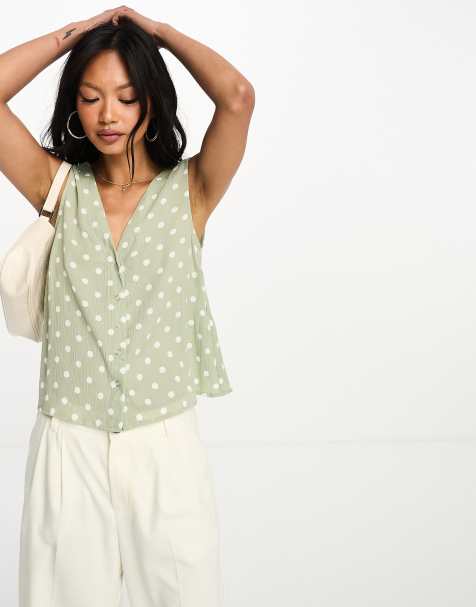 ASOS DESIGN v neck crinkle cami with popper front in sage spot