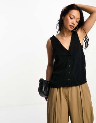 Asos Design V-neck Crinkle Tank Top With Shell Buttons In Black In Black
