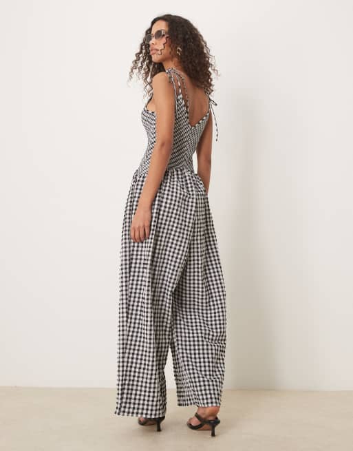 ASOS DESIGN v neck crinkle dropped waist jumpsuit in gingham