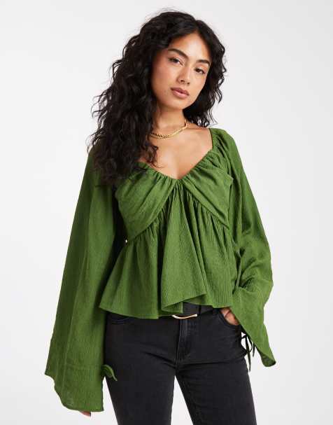 ASOS DESIGN v neck crinkle long sleeve blouse in green - view 1