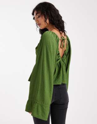 Asos Design V Neck Crinkle Long Sleeve Blouse In Green