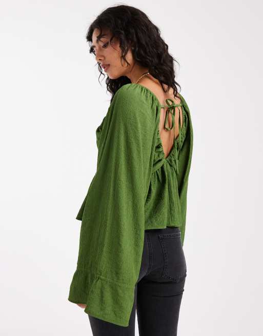ASOS DESIGN v neck crinkle long sleeve blouse in green, 2 of 4