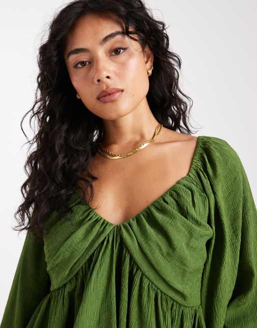 ASOS DESIGN v neck crinkle long sleeve blouse in green, 4 of 4