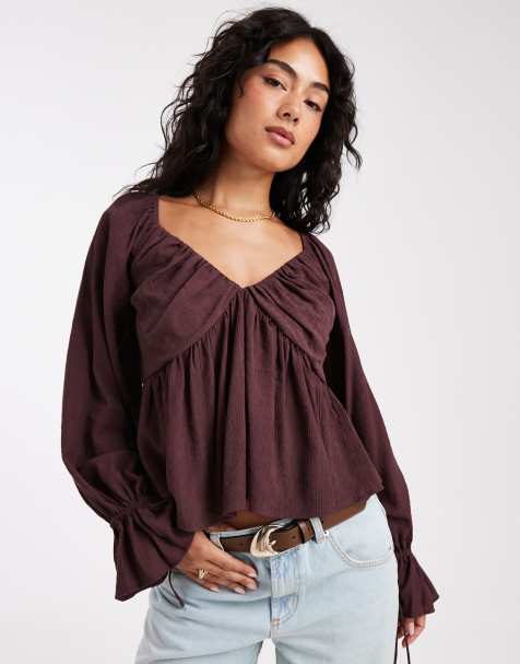 ASOS DESIGN v neck crinkle long sleeve blouse in mocha - view 1
