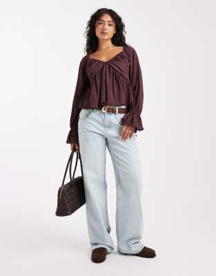 Asos Design V Neck Crinkle Long Sleeve Blouse In Burgundy