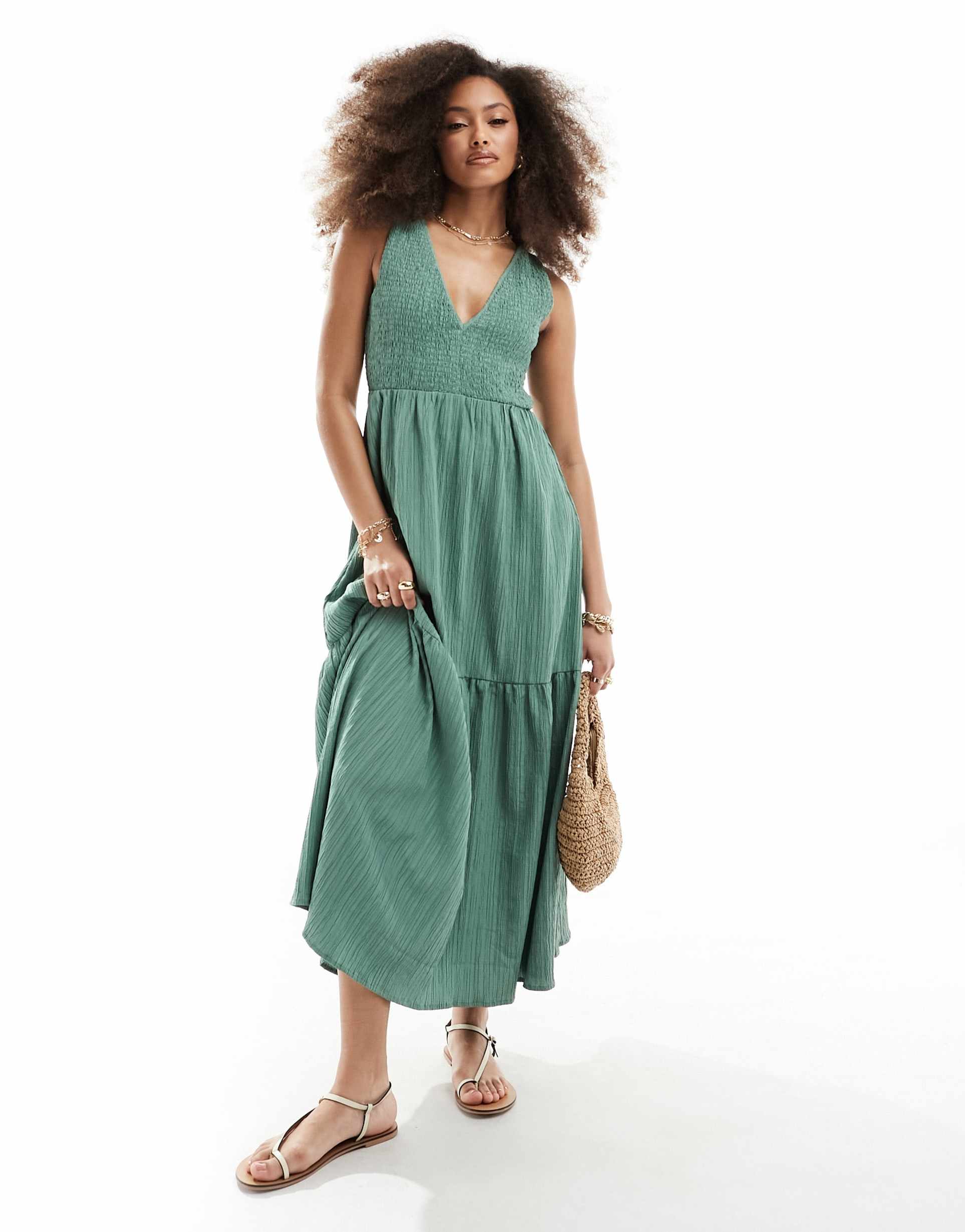 asos design v-neck crinkle midi sundress with tiered skirt in khaki