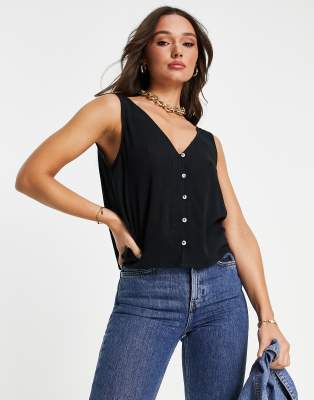 Asos Design V-neck Crinkle Tank Top With Shell Buttons In Black In Black