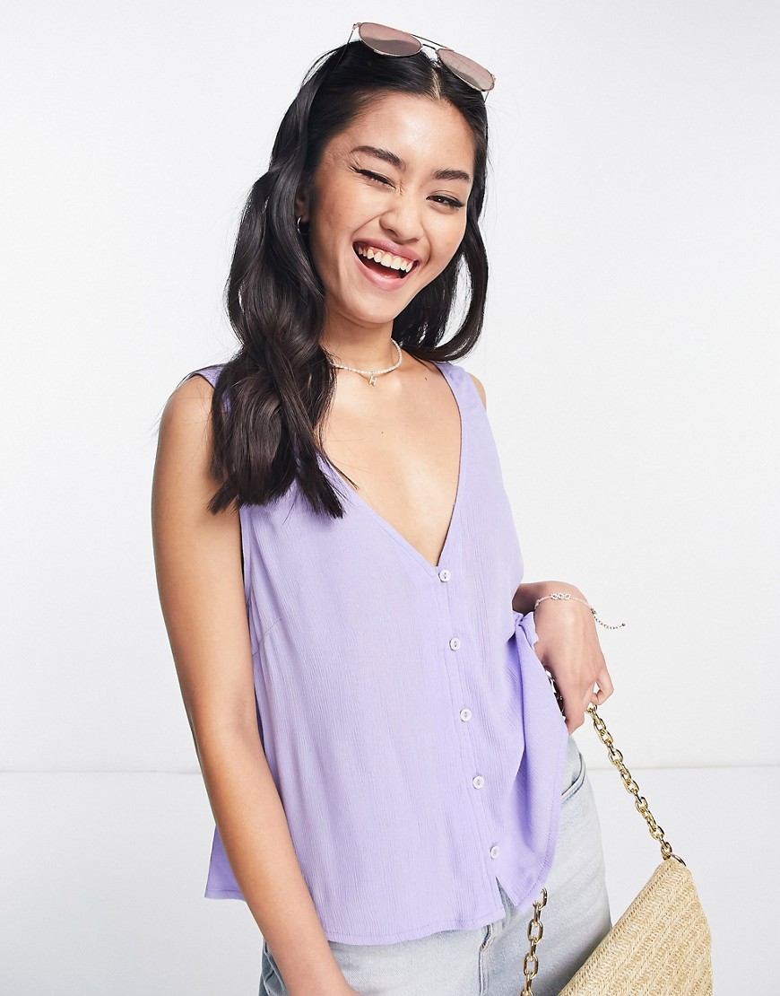 ASOS DESIGN v-neck crinkle vest with shell buttons in lilac-Purple