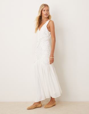 Asos Design V Neck Crochet Lace Maxi Dress In White