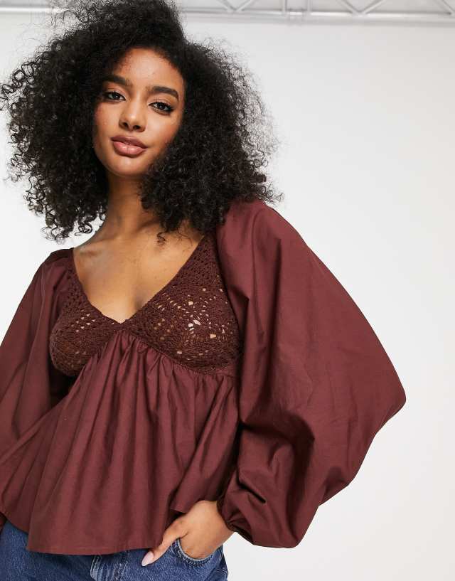 ASOS DESIGN V-neck crochet top with ruffle sleeve and peplum hem in chocolate