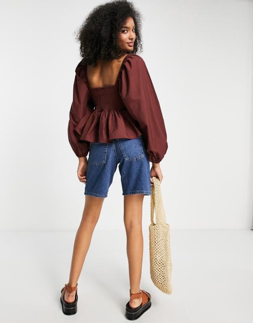 ASOS DESIGN V-neck crochet top with ruffle sleeve and peplum hem in  chocolate