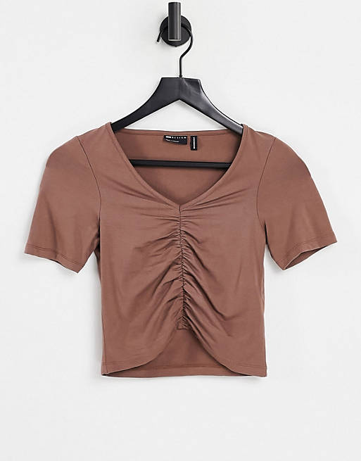 ASOS DESIGN v neck crop top with ruched front in brown
