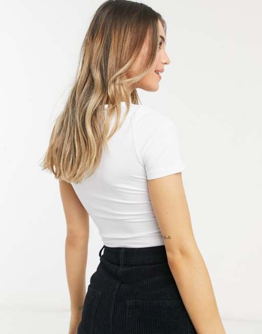 ASOS DESIGN v neck crop top with ruched front in white, 2 of 4