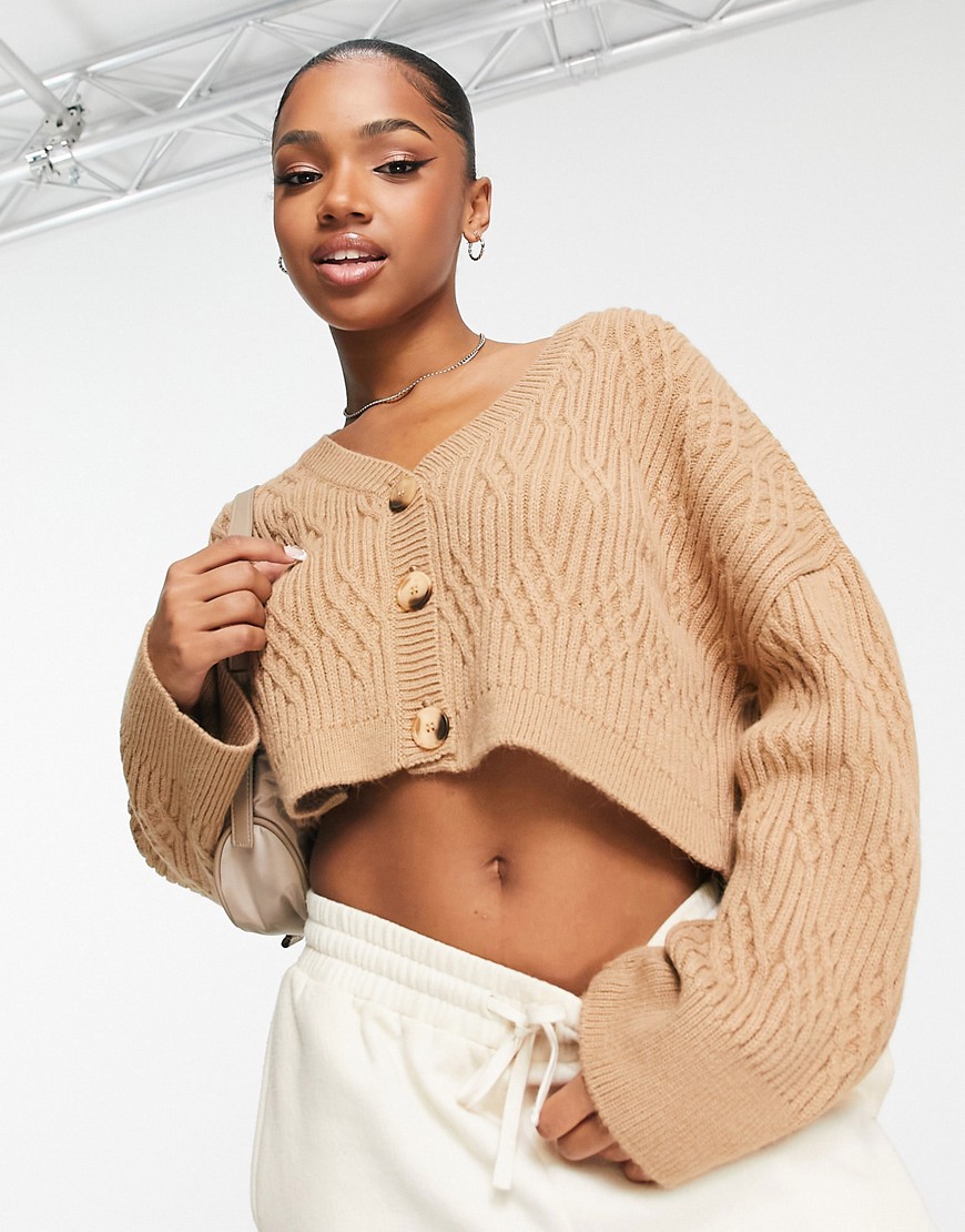 ASOS DESIGN v neck cropped cardigan with cable stitch in camel-Neutral