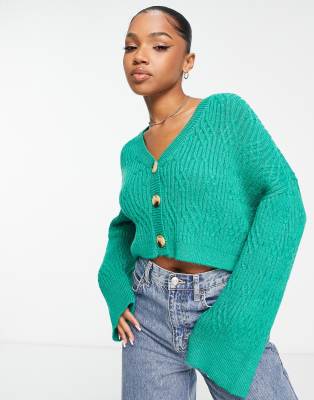 ASOS DESIGN v neck cropped cardigan with cable stitch in green | ASOS