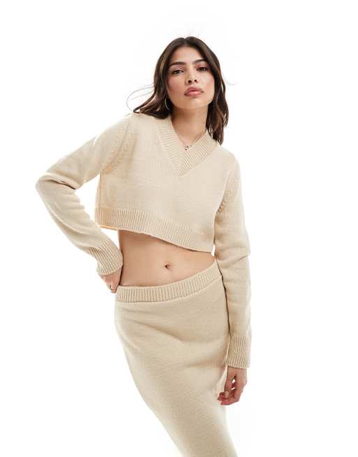 ASOS DESIGN v neck cropped sweater in stone set ASOS