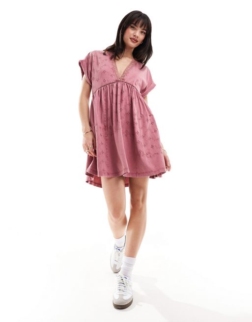 ASOS DESIGN v-neck cuffed short sleeve mini dress with embroidery in pink