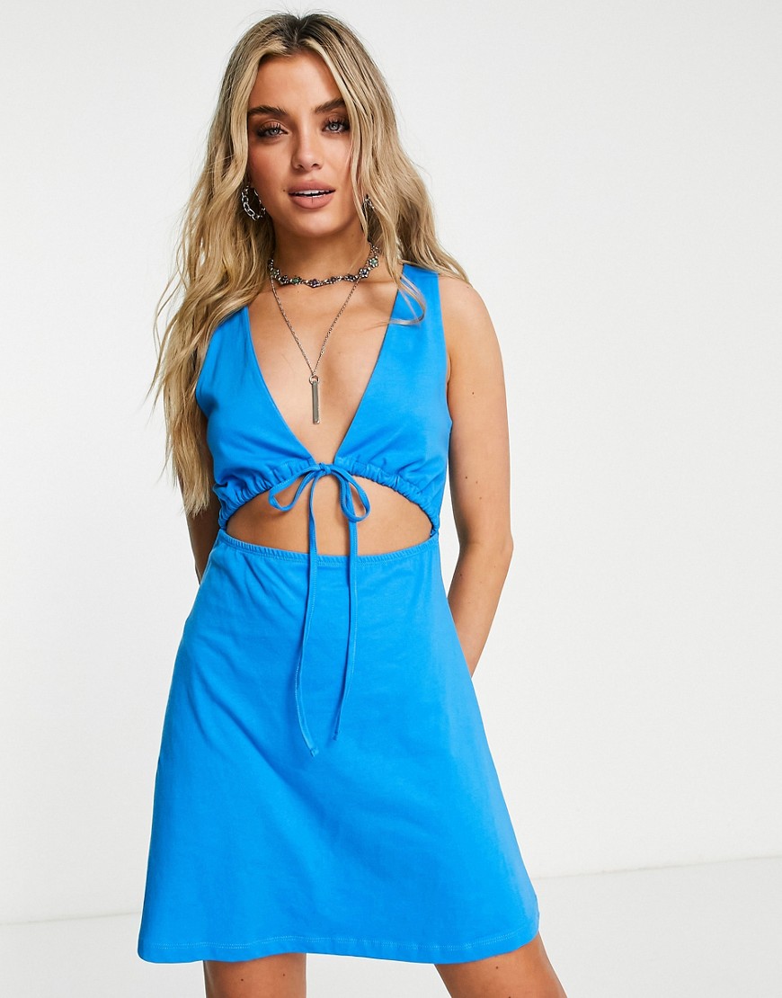 ASOS DESIGN v neck cut out mini dress with tie detail in bright blue